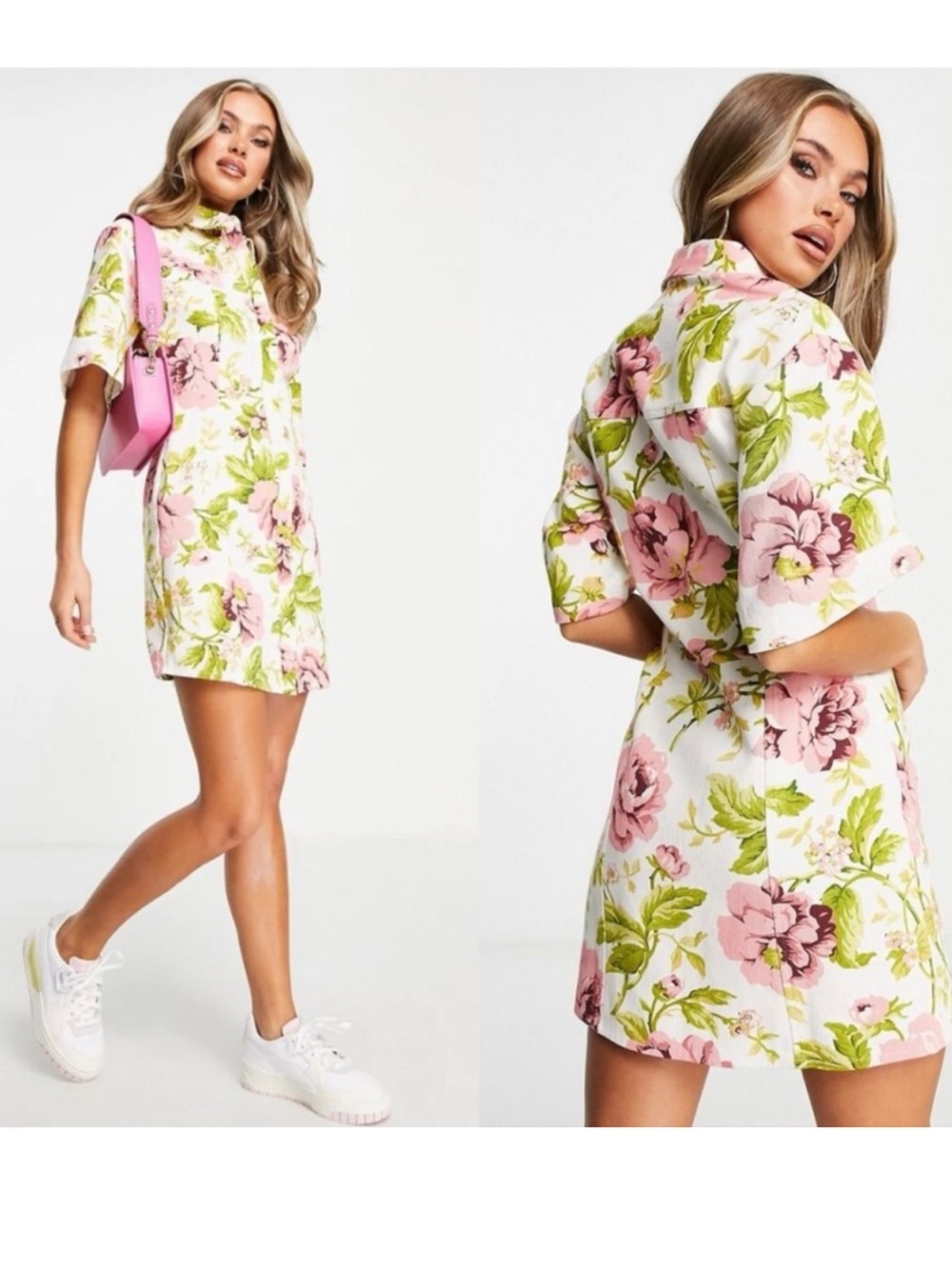 ASOS DESIGN Twill Mini Shirt Dress in White Base Pink Floral Print US 4